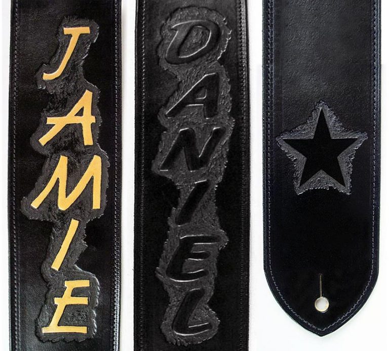 script style designs on our tooled leather guitar straps