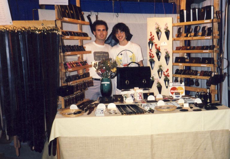 Jamie & Gail selling their handmade leather goods.