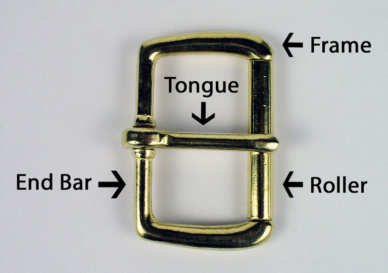 Parts of a roller buckle. Parts of a roller buckle including tongue, roller and end bar.