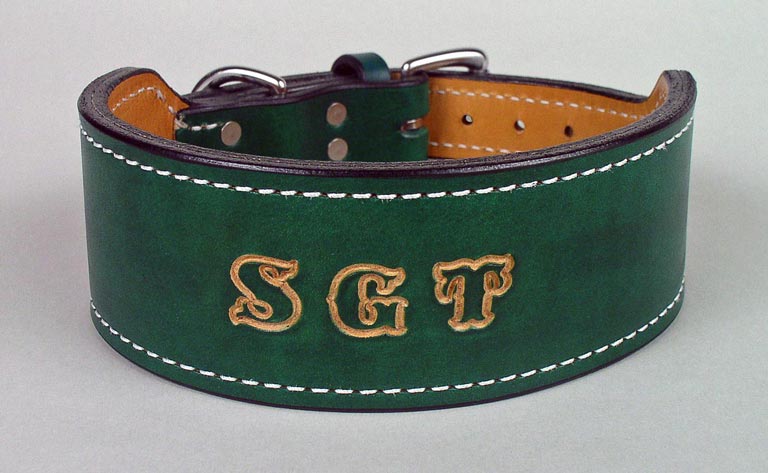 Personalized wide monogrammed leather dog collar.